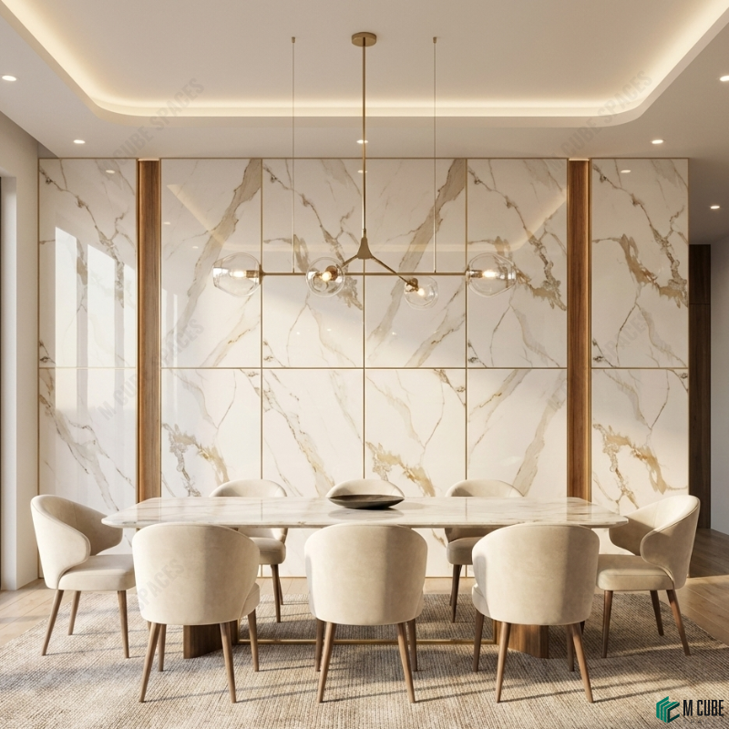Luxury Dining Space with White Marble Acrylic Wall