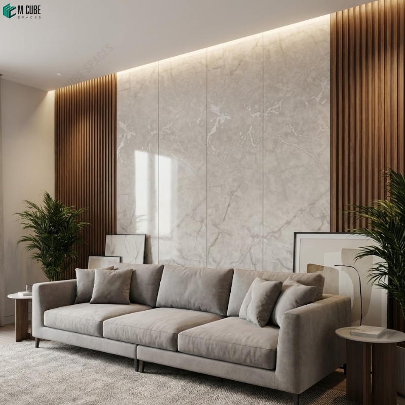 Contemporary Living Room with White Marble Acrylic and Wooden Louvers Feature Wall