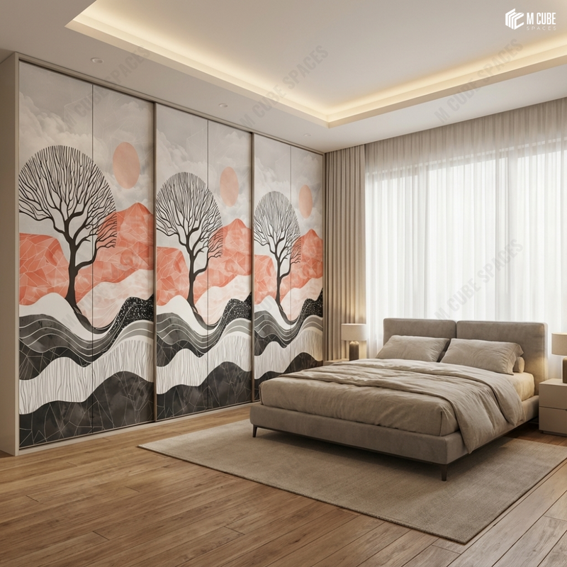 Abstract Horizon Tree Digital Decorative Laminate on a Wardrobe Shutters in Calm Bedroom Interiors