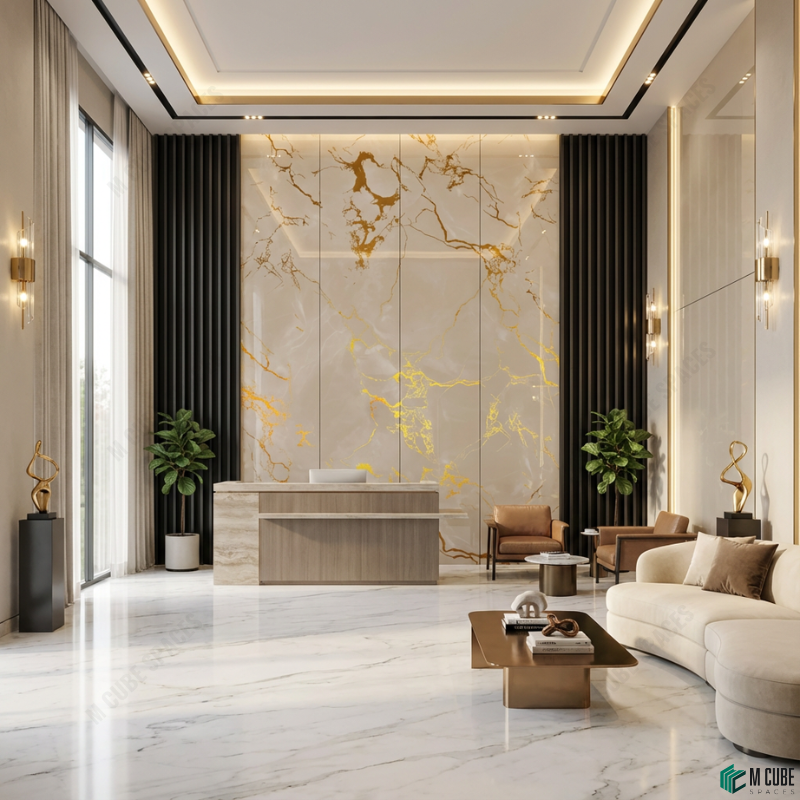 Grand Reception with Marble Acrylic Feature Wall and Metal Louvers