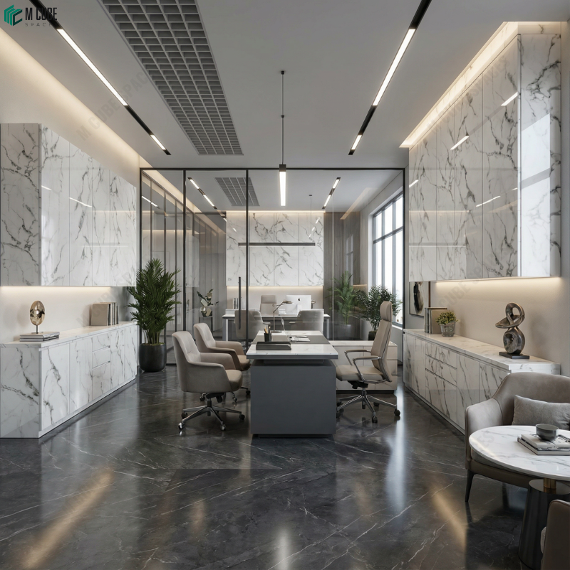 Executive Office with White Marble Acrylic Cabinetry and Fluted Acrylic Partition