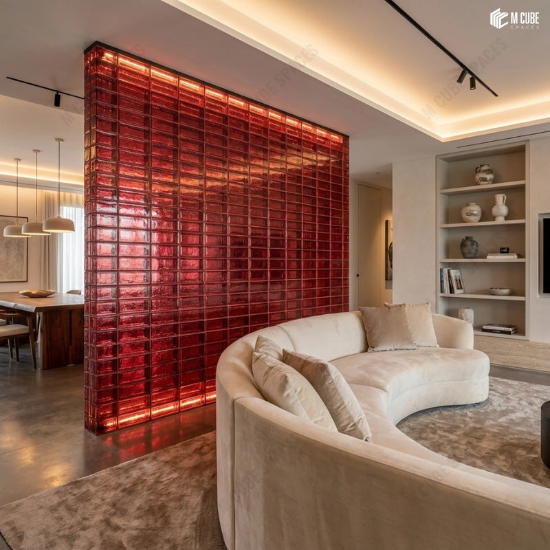 Luxury Living Room Divider with Backlit Red Glass Brick Feature Wall