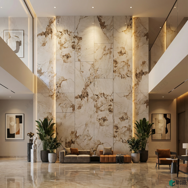 Double-Height Living Space with Marble Acrylic Panels