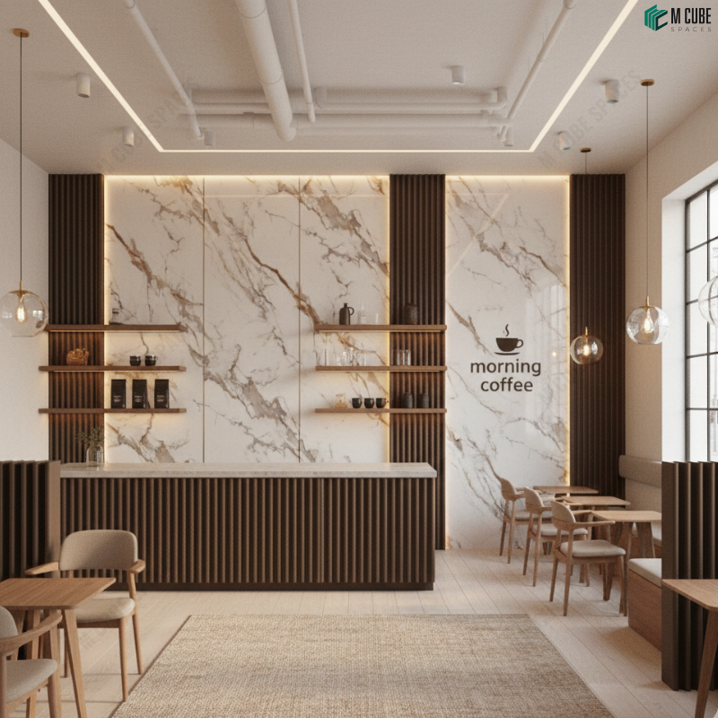 Café Interior with Marble Acrylic Counter with Metal Louvers