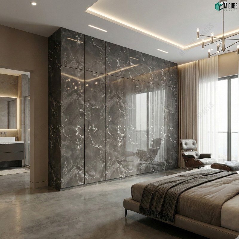 Contemporary Bedroom with Full-Height Marble Acrylic Wardrobe