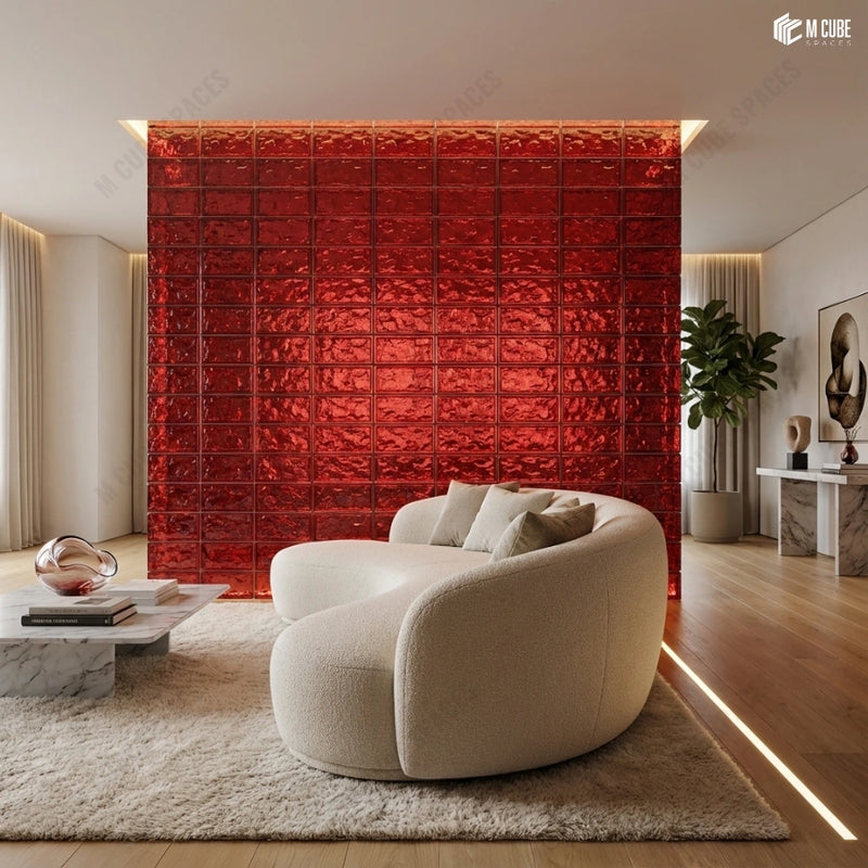 Modern Lounge Accent Wall with Illuminated Red Glass Brick Installation
