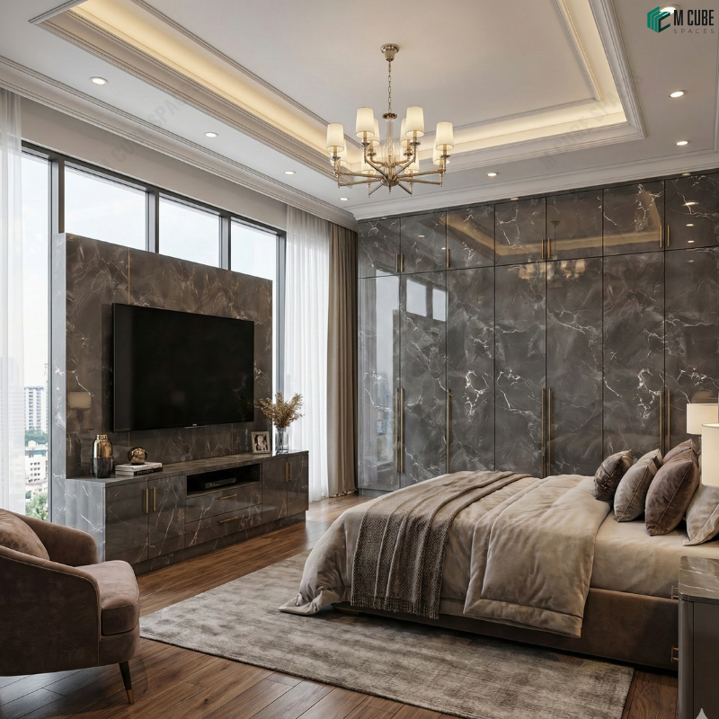 Dark Marble Acrylic Bedroom with TV Unit & Wardrobe  Slug