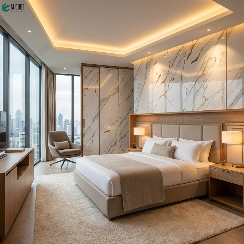 Luxury Hotel room with White Marble Acrylic Wardrobes & Headboard
