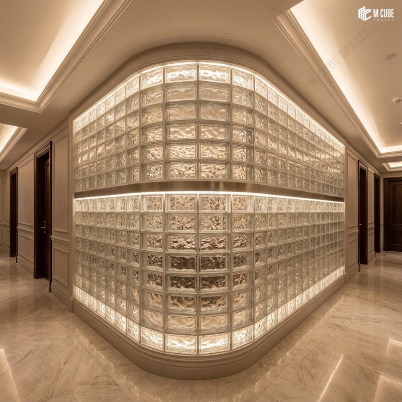 Luxury Corridor Divider with Backlit Glass Brick Feature Wall