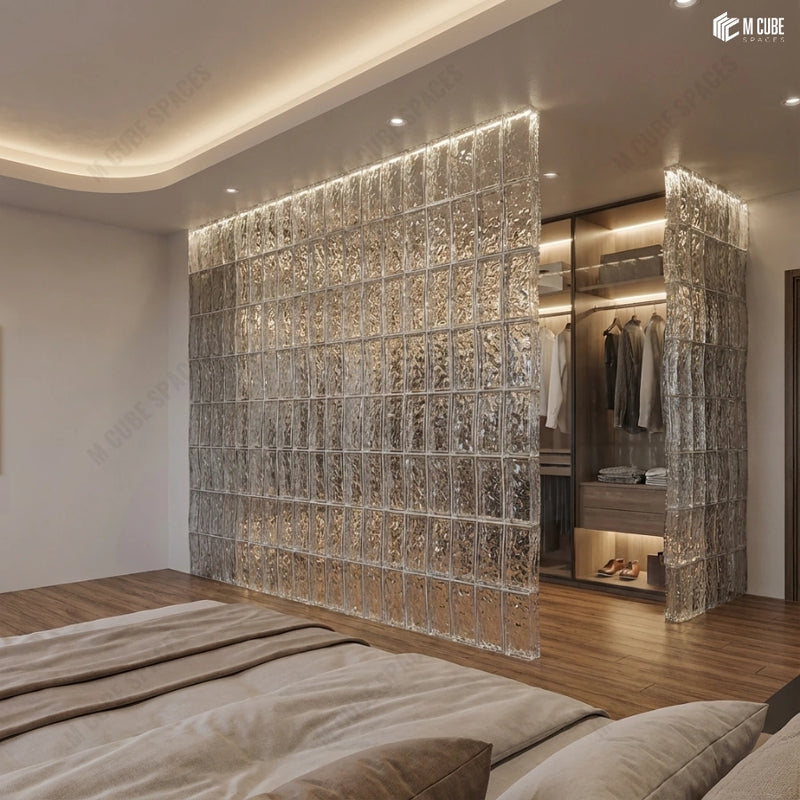 Contemporary Bedroom & Walk-In Wardrobe Partition Using Glass Bricks