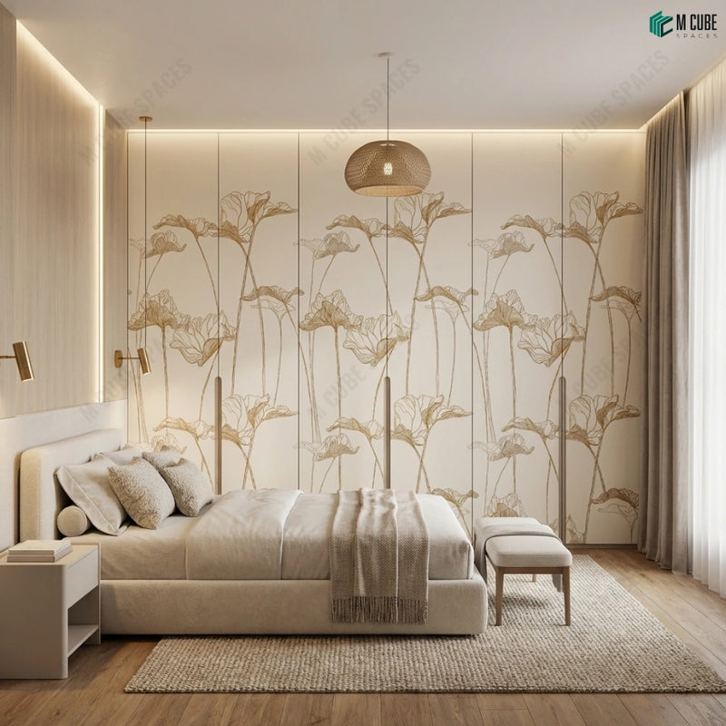 Soft Botanical Digital Laminate Feature Wall for a Luxury Master Bedroom