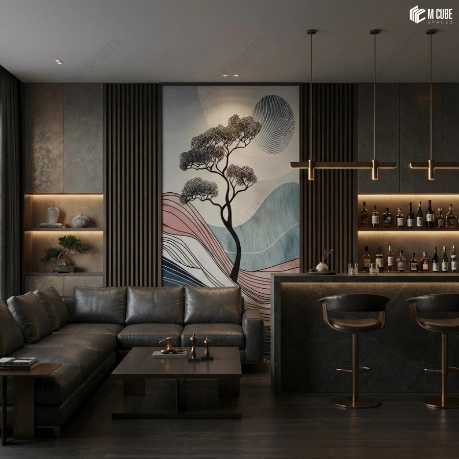 Abstract horizon tree digital decorative laminate defining a curated lounge wall - Commercial interior inspiration