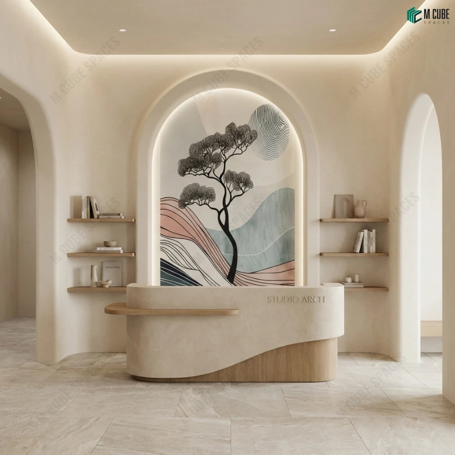 Abstract Horizon Tree Digital Decorative Laminate shaping a Sculpted Reception Backdrop - Commercial inspiration