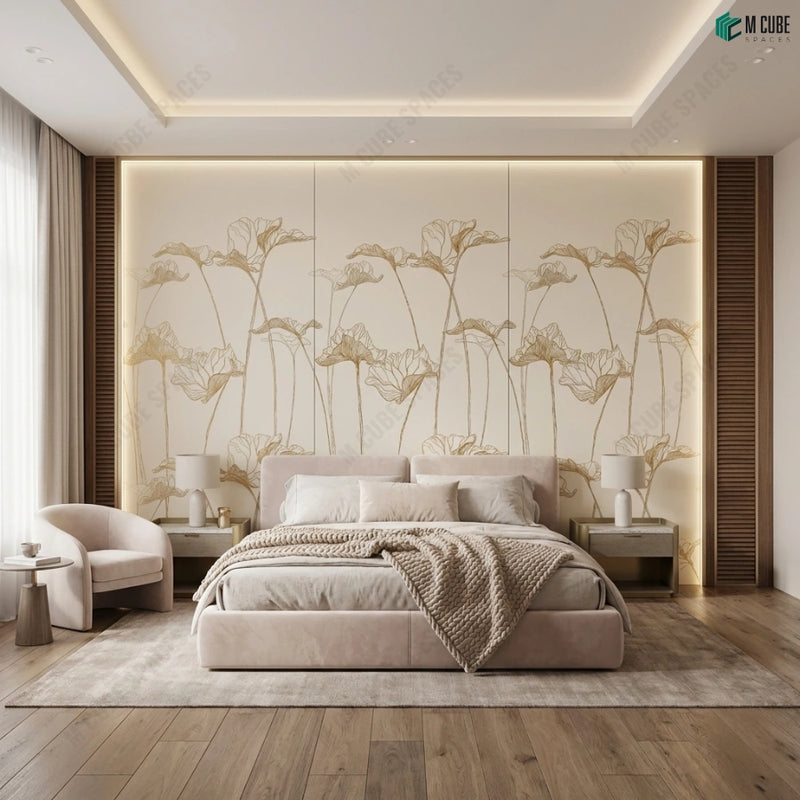 Minimal Floral Digital Laminate Wall Design for a Contemporary Bedroom