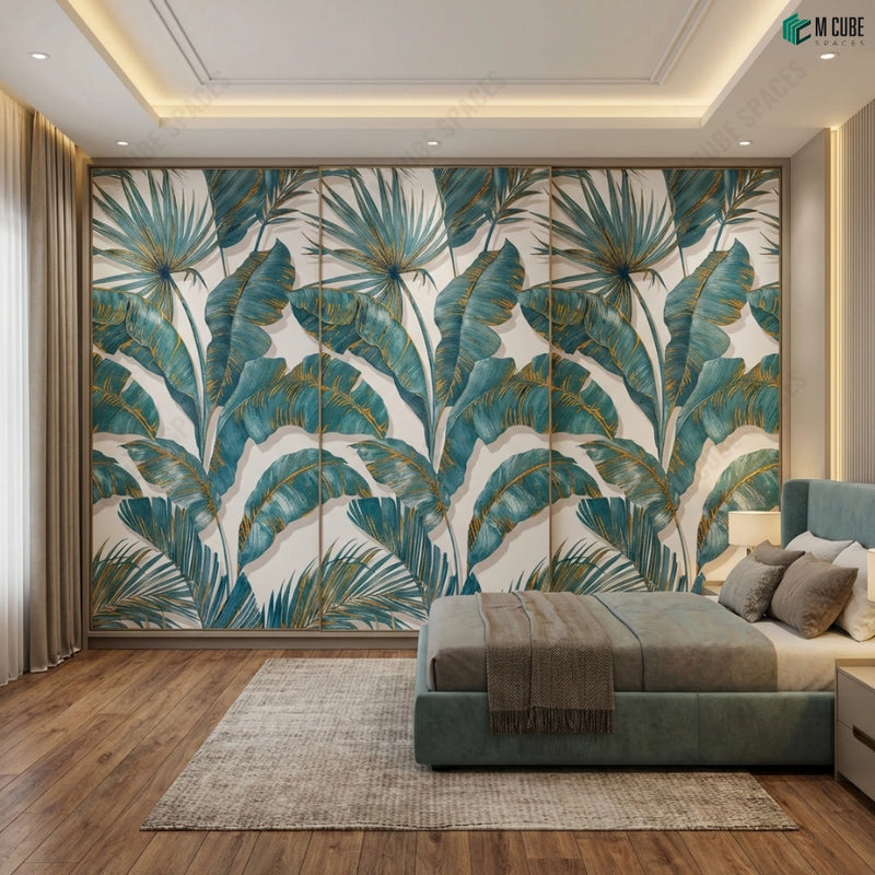 Tropical Palm Canopy Digital Decorative Laminate defining a Serene Bedroom Feature Wall