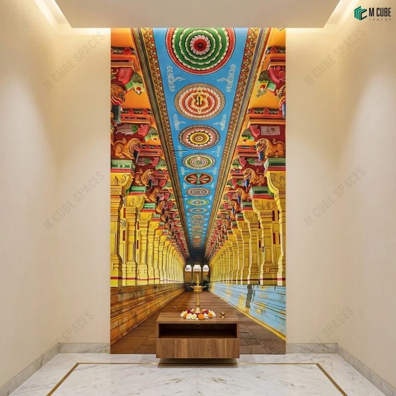 Sacred Temple Corridor Digital Decorative Laminate defining a Grand Pooja Feature Wall