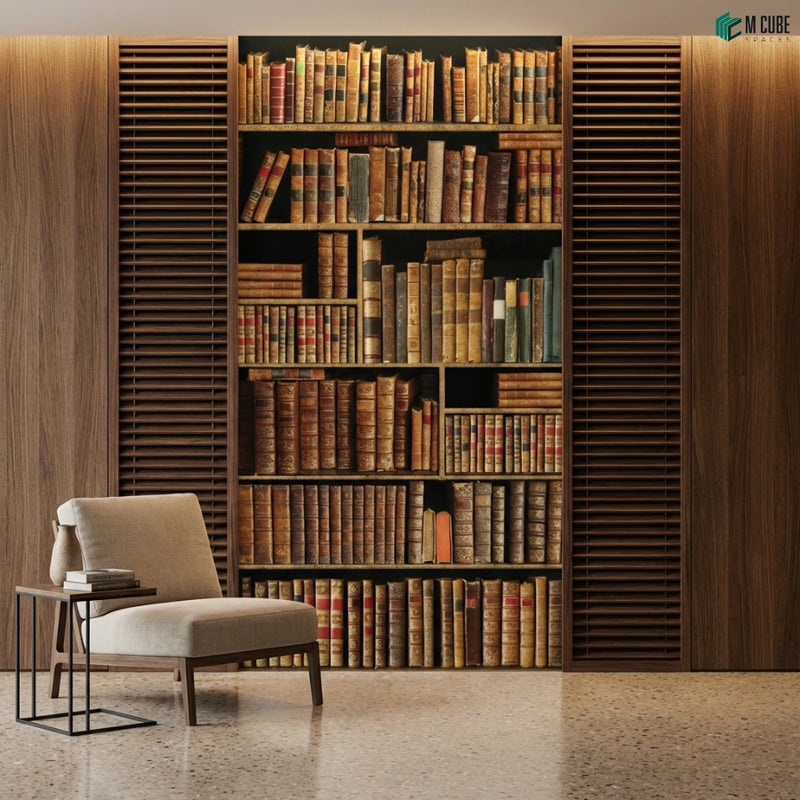 Antique Library Bookshelf Digital Decorative Laminate defining a Curated Reading Lounge Wall