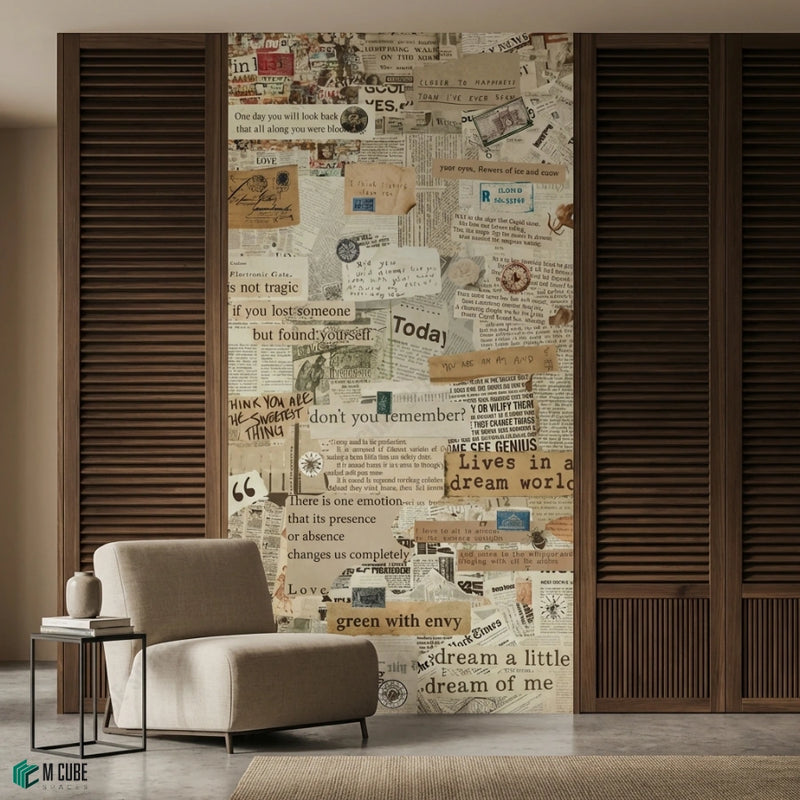 Vintage Editorial Collage Digital Decorative Laminate defining a Curated Lounge Accent Wall