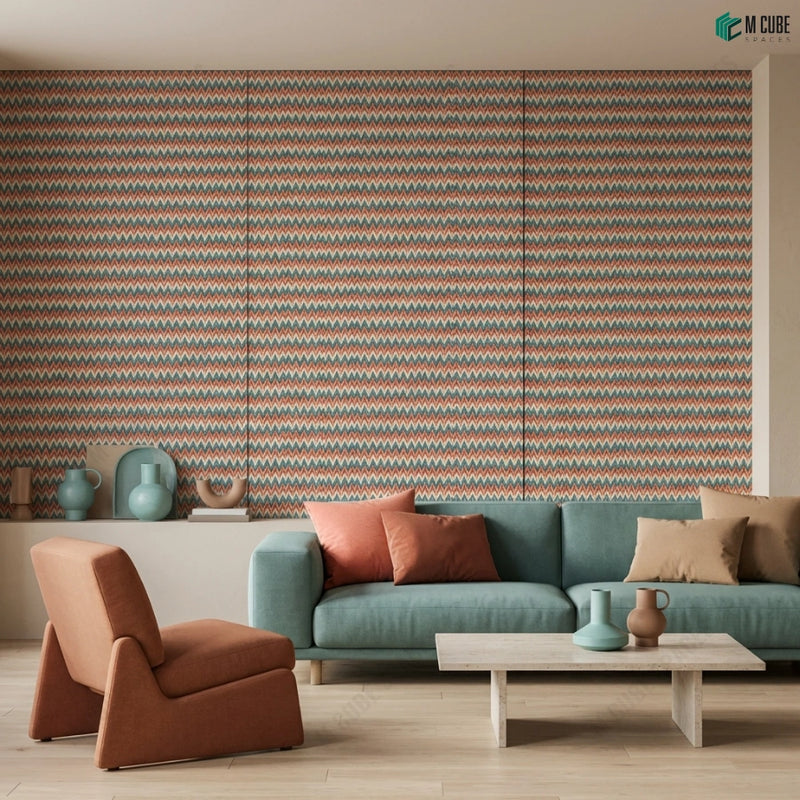 Rhythmic Chevron Weave Digital Decorative Laminate defining a Contemporary Living Room Feature Wall