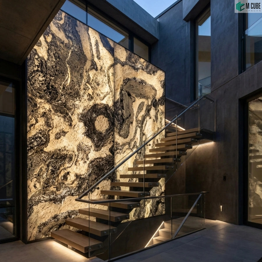 Autumn rock stone veneer feature wall for double height staircase - Inspiration scene interior inspiration