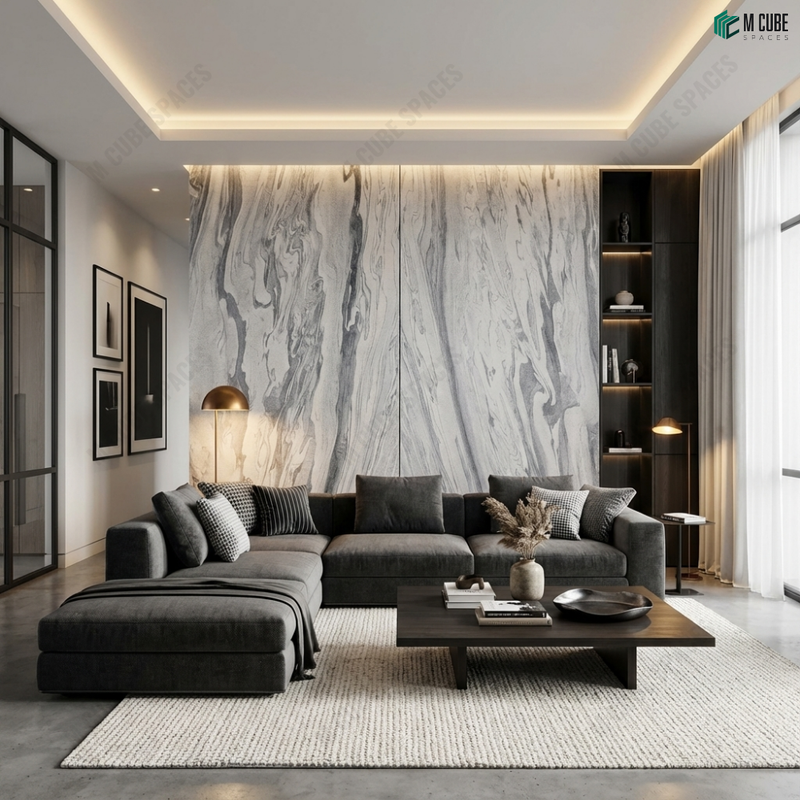 Contemporary Living Room Accent Wall with Bianco Ambai Marble Stone Veneer