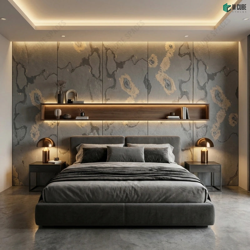 Black Gold Stone Veneer Feature Wall for Luxury Bedroom