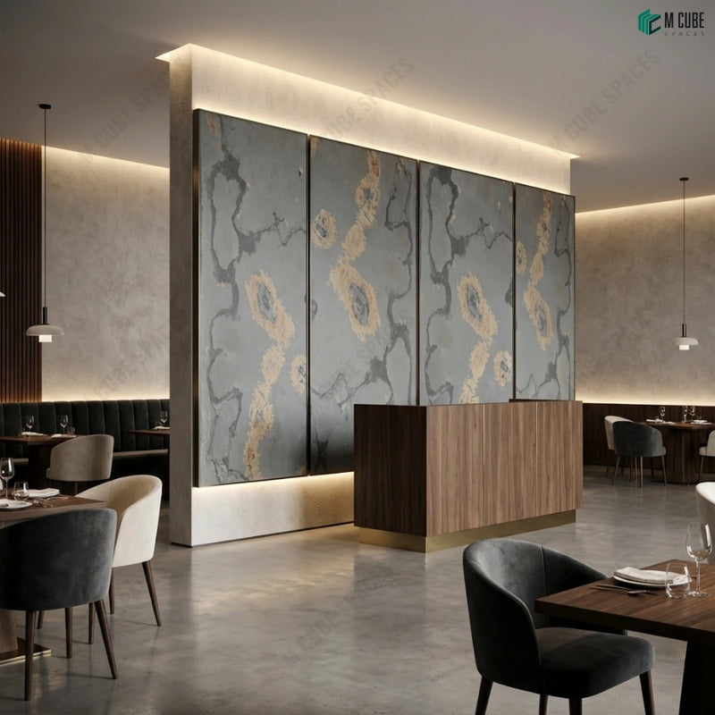 Designer Dining Space with Black Gold Stone Veneer Wall