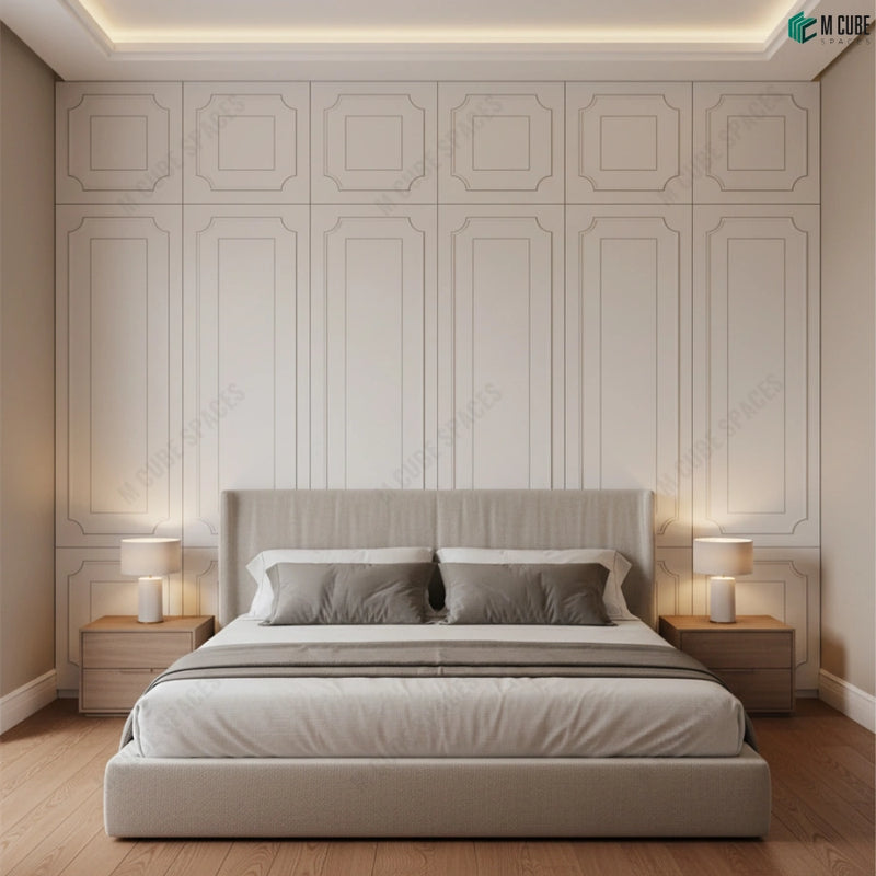 Classic Panelled Bedroom Feature Wall in Soft Neutrals