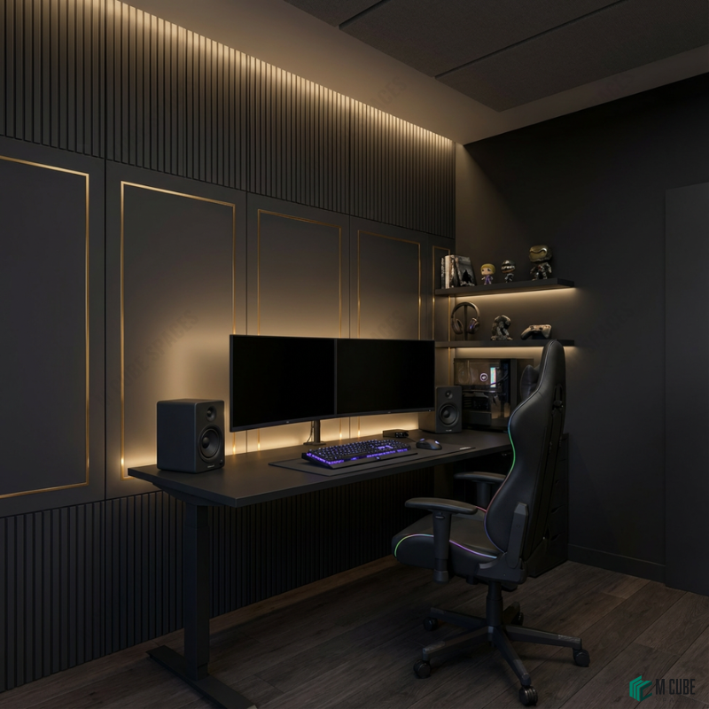 Dark Linear Ceramic Wall Panels for Modern Gaming Studios