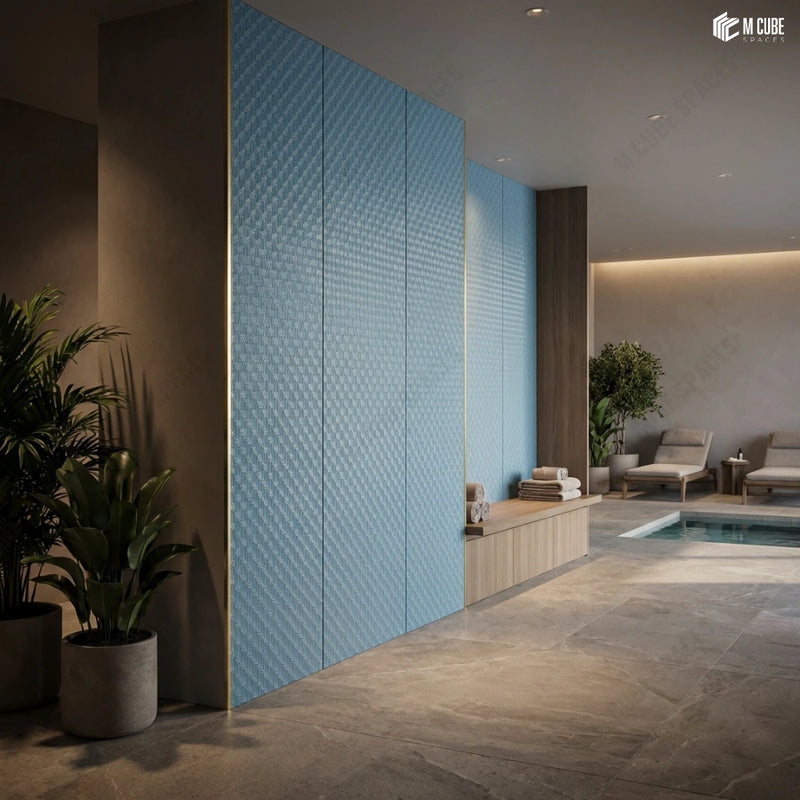 Wellness Lounge Interior Featuring Sky Blue Charcoal Decorative Panels
