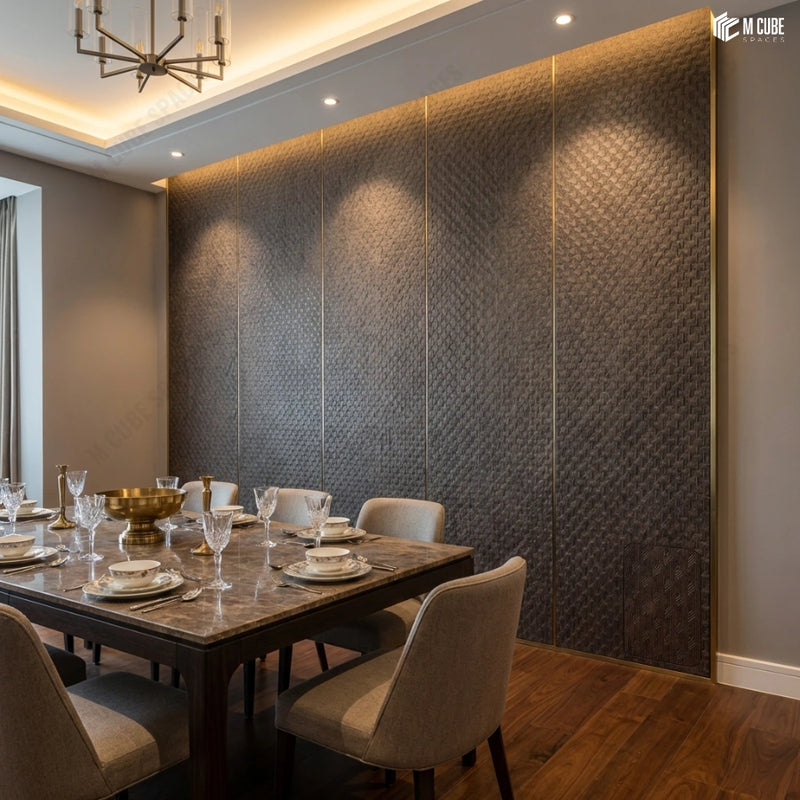Dining Room Accent Wall Using Dark Textured Brown Decorative Panels