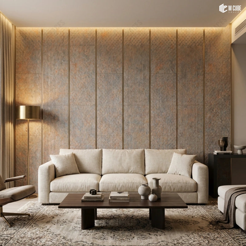 Contemporary Living Space with Rust-Toned Charcoal Panel Feature Wall