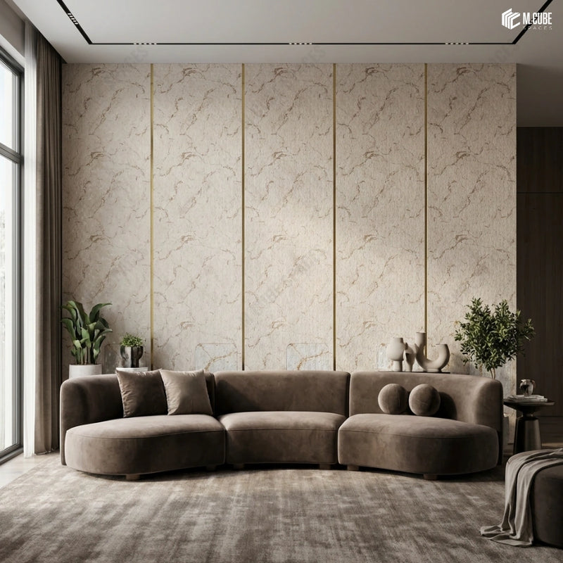 Refined Living Room with Neutral Charcoal Panel Feature Wall