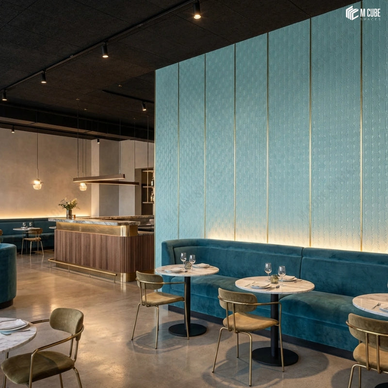 Upscale Restaurant Seating with Blue-Toned Charcoal Panel Accent Wall