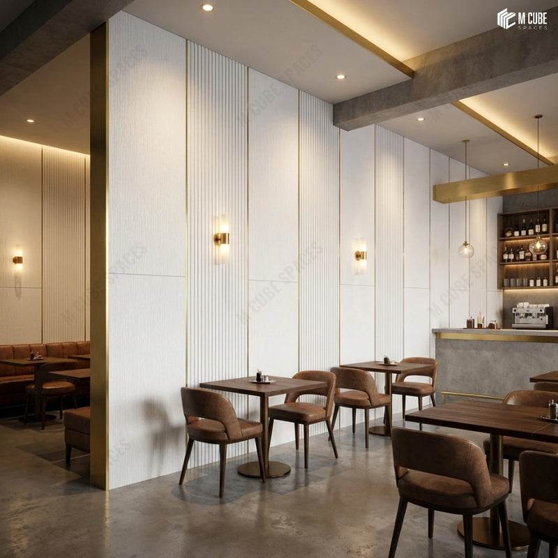 Contemporary Café Interior with Charcoal Panel Wall paired with Fluted Panels