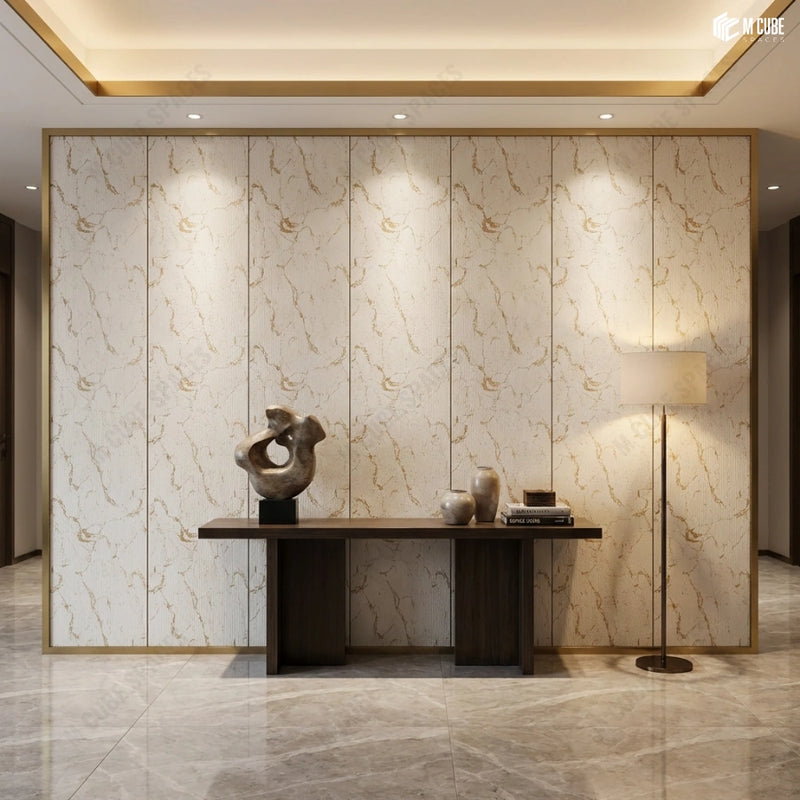 Elegant Foyer with Marble-Inspired Charcoal Panel Feature Wall