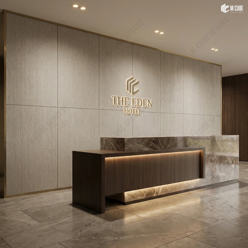 Hotel Reception with Linear Charcoal Panel Feature Wall