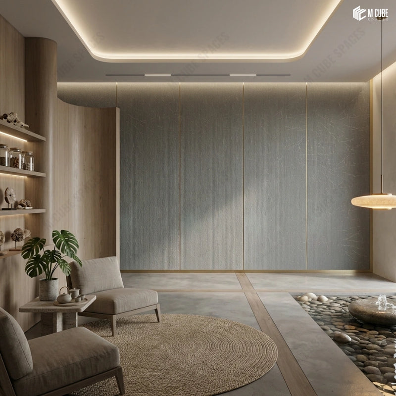 Serene Lounge with Soft-Toned Charcoal Panel Accent Wall