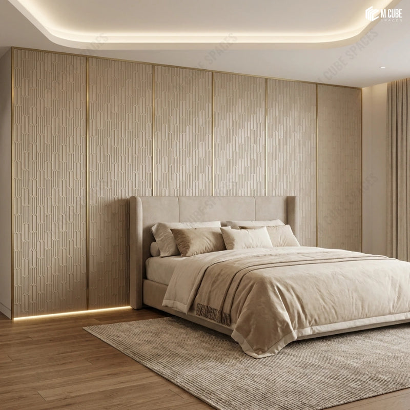 Soft Contemporary Bedroom Feature Wall Using Charcoal Panels in a Neutral Monochrome Scheme