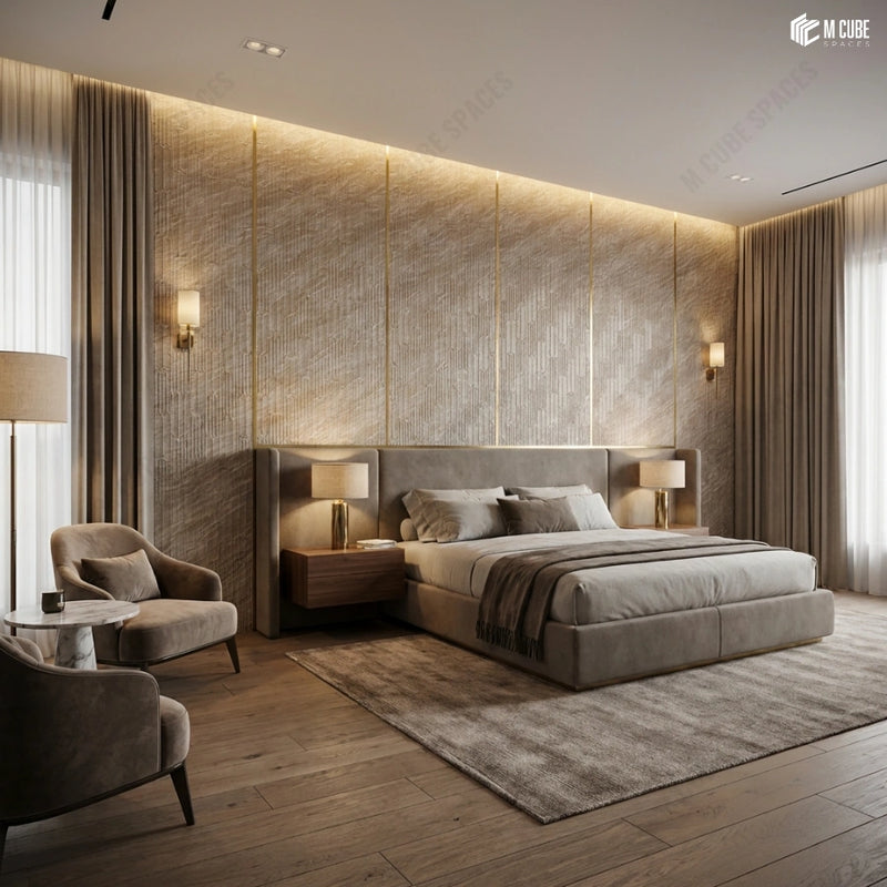 Soft Contemporary Bedroom Feature Wall Using Charcoal Panels in a Neutral Beige Colours