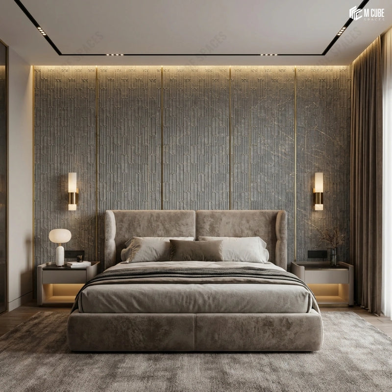 High-End Bedroom Feature Wall Using Grey Charcoal Panels with Integrated Wall Sconces