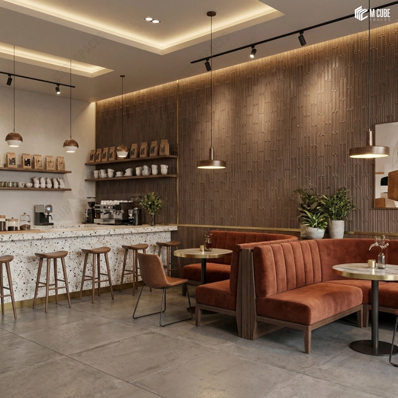 Contemporary Café Interior with Brown Charcoal Panel Walls