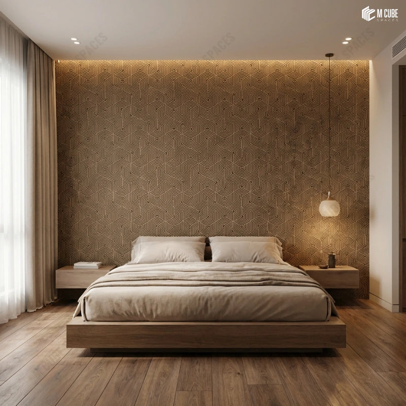 Minimal Contemporary Bedroom with Geometric Charcoal Panel Headboard Wall