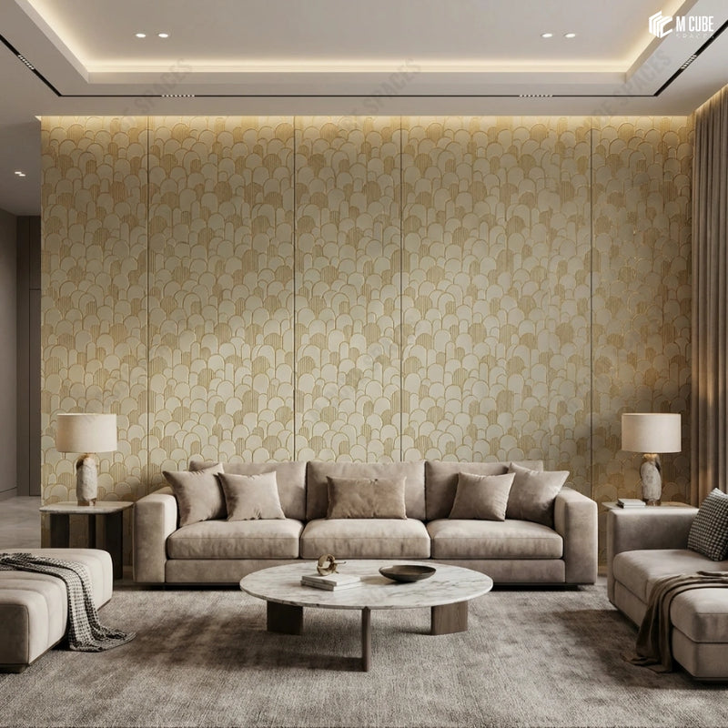 Premium Living Lounge with Layered Scallop Charcoal Panel Wall