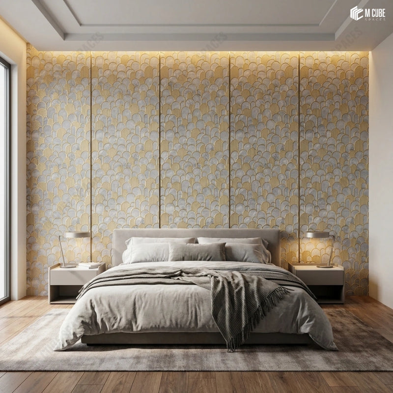 Elegant Bedroom with Gold-Scale Charcoal Panel Accent Wall
