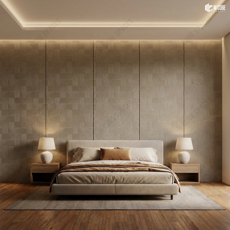 Minimal Luxe Bedroom with Geometric Charcoal Panel Headboard Wall