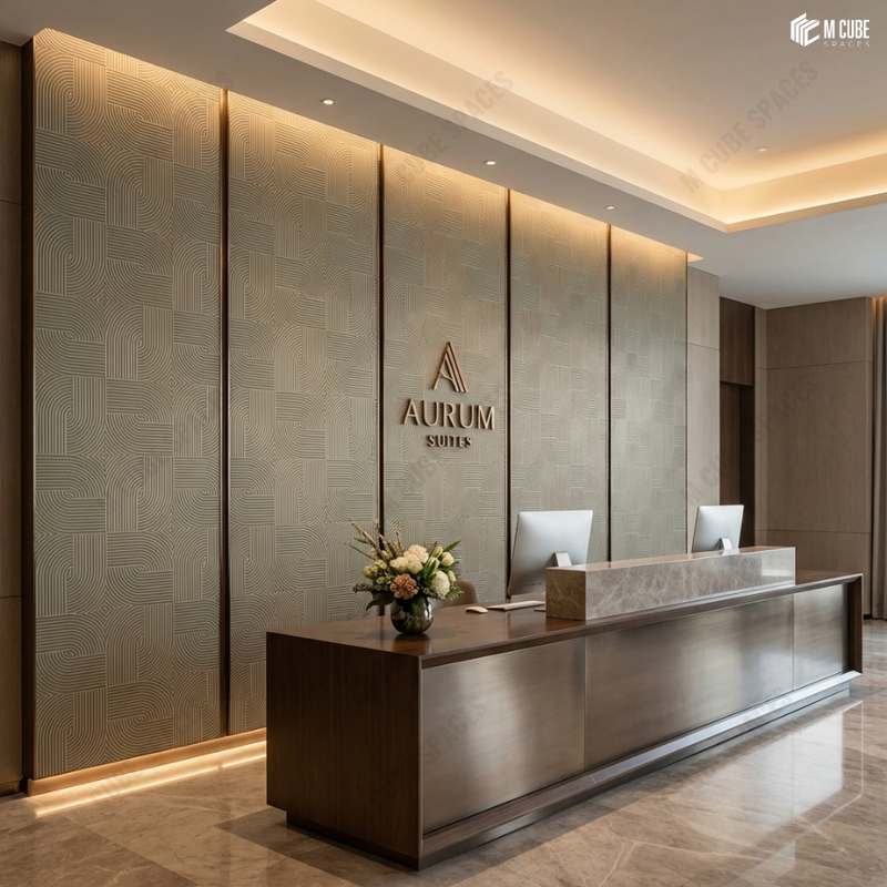 Premium Hotel Reception with Sculpted Charcoal Panel Feature Wall