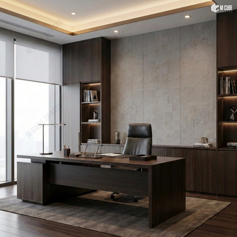 Executive Office with Textured Charcoal Panel Statement Wall
