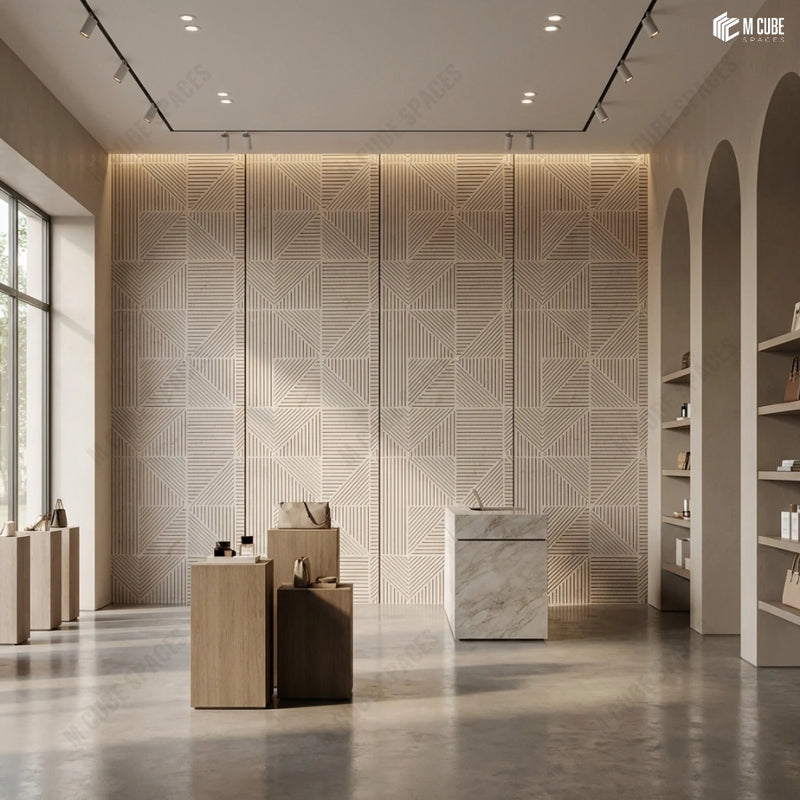 Modern Retail Gallery with Linear Charcoal Panel Feature Wall