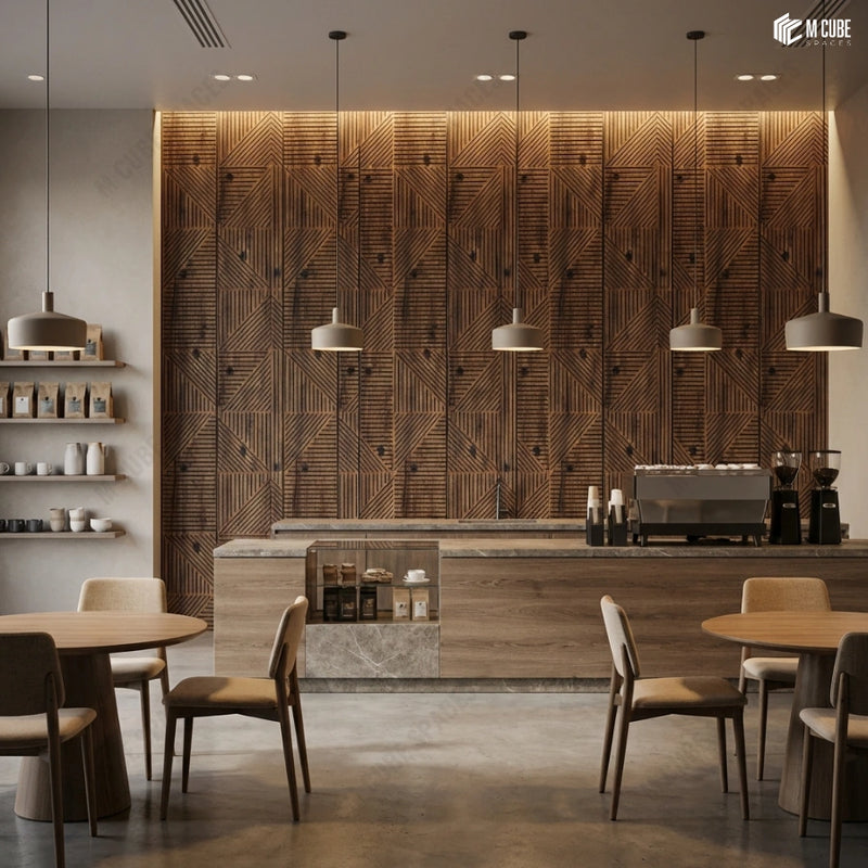 Contemporary Café Interior with Warm Wood-Toned Charcoal Panel Accent Wall